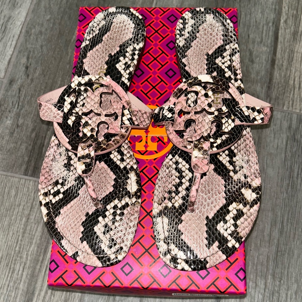 Authentic Tory Burch Miller Sandals & Box Sz 10 🐍🩷🩶 Pink Snakeskin